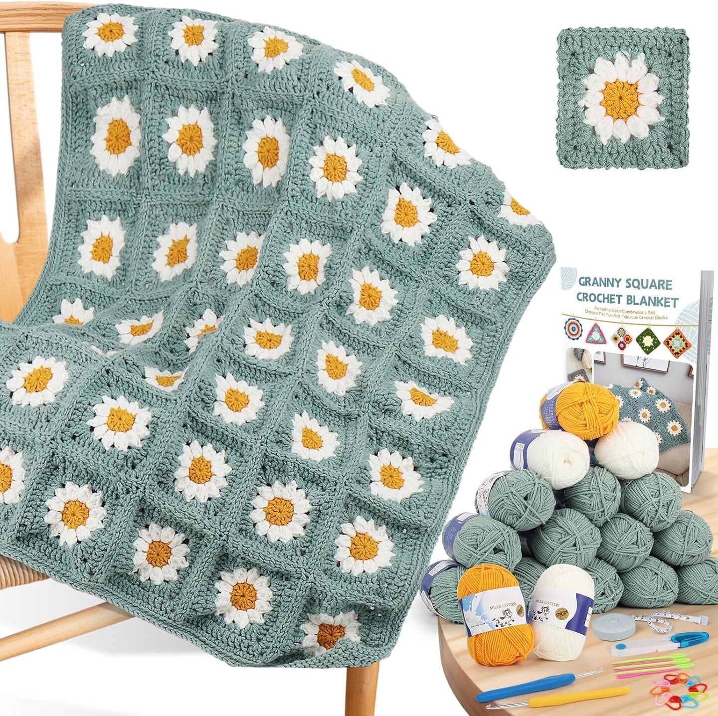 Crochet Starter Kit for Blanket, Granny Squares &#x26; Instructions, Easy Learn to Crochet