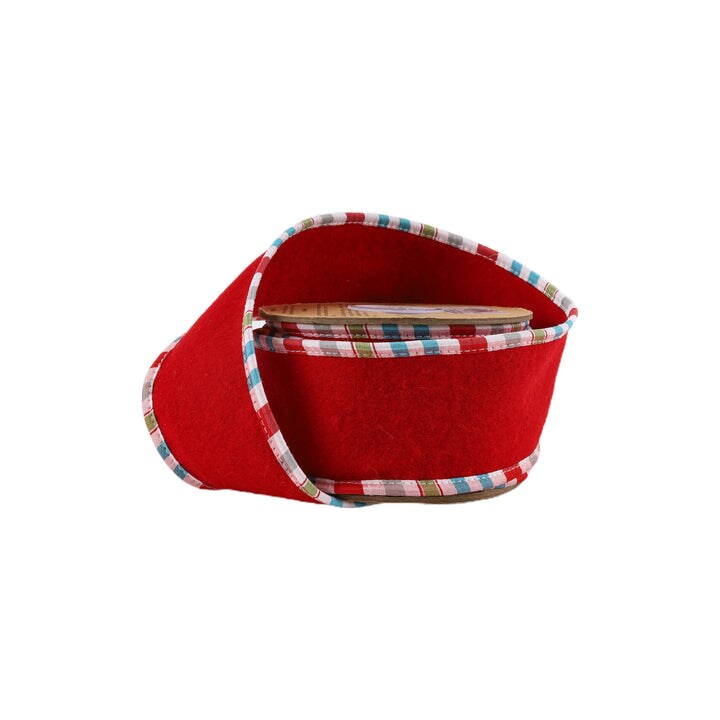 LaRibbons 4" - 2 1/2" Wired Ribbon | Red Felt w/ Teal Plaid Edging | 5 Yard Roll