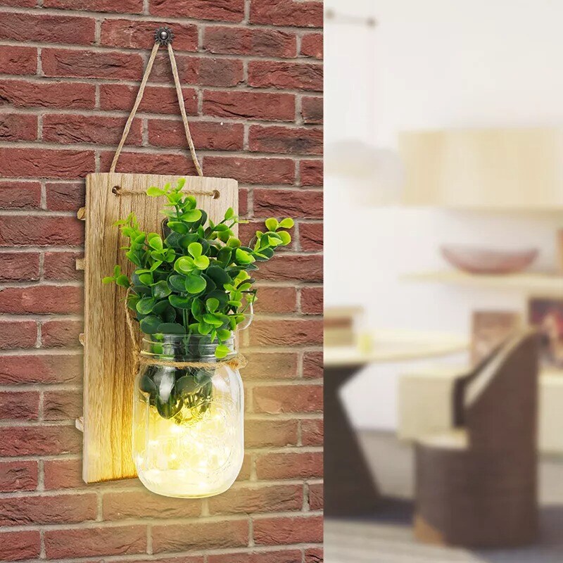 2 Pack Mason Jar Wall Decor Sconces Rustic Hanging LED Fairy Lights