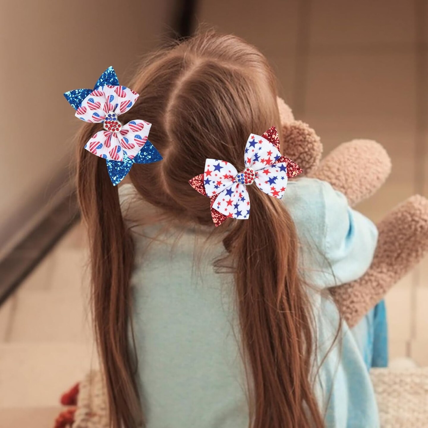 3 Pcs Patriotic Hair Bow Clips 4th of July Hair Clips Glitter Star Hair Bow Barrettes Red White Blue Hairpins July 4th Hair Accessories for Women Girls Memorial Independence Day Party Decoration