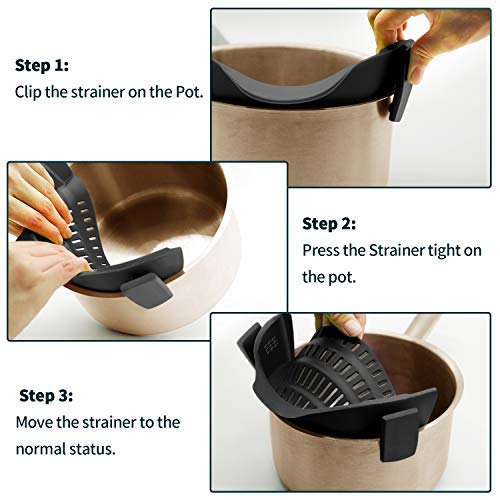 Clip On Strainer Silicone for All Pots and Pans, Pasta Strainer Clip on Food Strainer for Meat Vegetables Fruit Silicone Kitchen Colander
