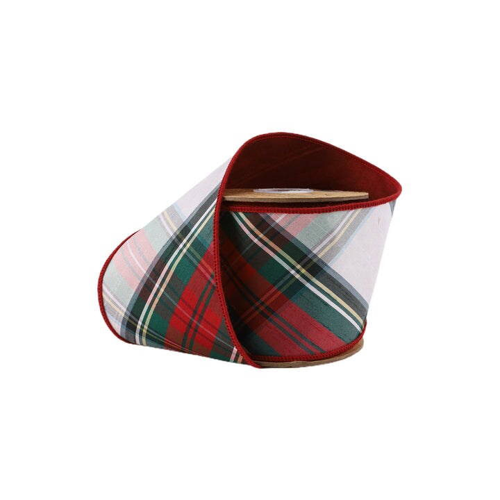 LaRibbons 4&#x22; - 2 1/2&#x22; Wired Dupioni Ribbon | Burgundy/Green/White Plaid Bias Cut | 5 Yard Roll