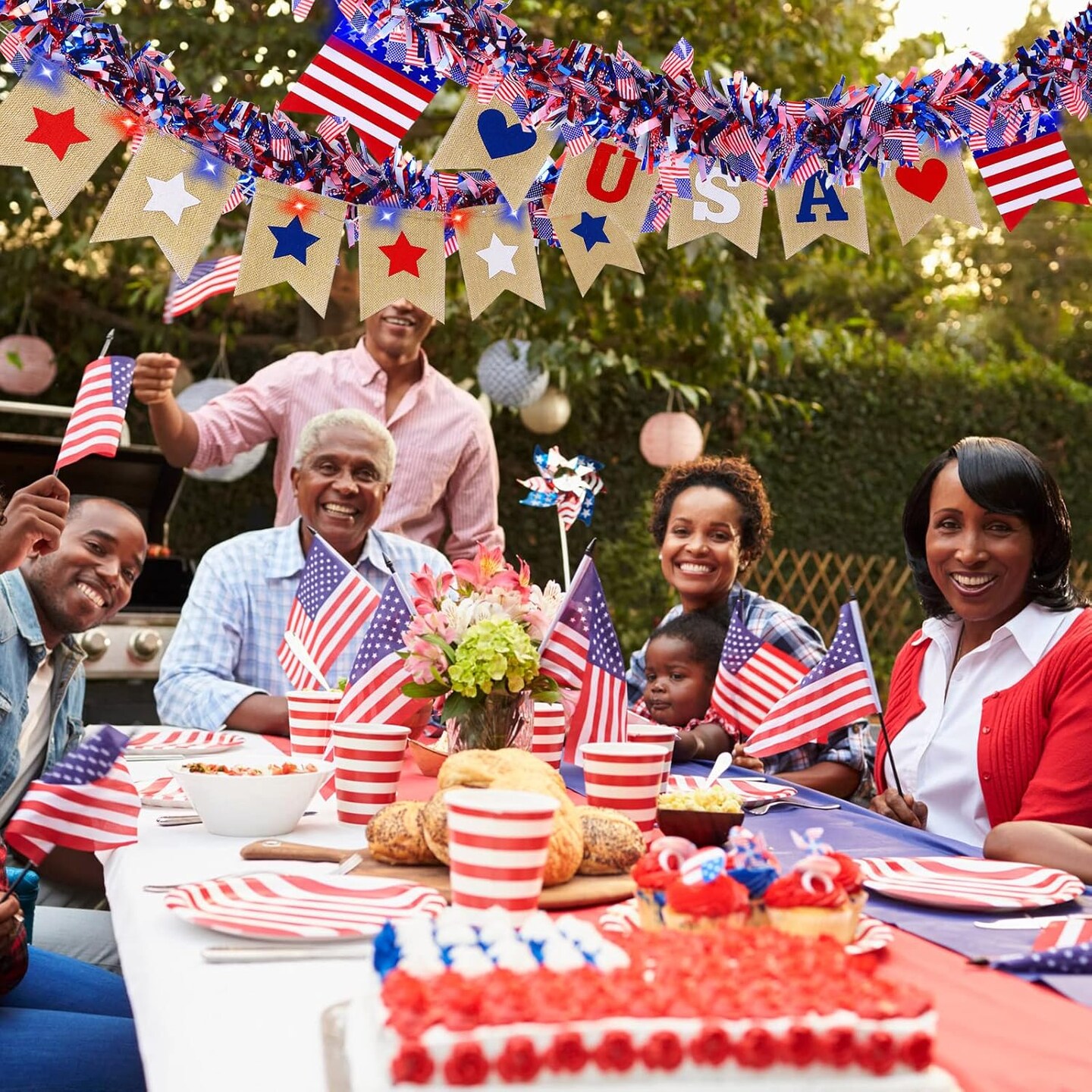 7 Pcs 4th of July Patriotic Decorations Set Burlap Banner and 78.74 Inch Tinsel Garland with Red White Blue Light American Flag Parade Golf Cart Car Shiny Tinsel for Memorial Day