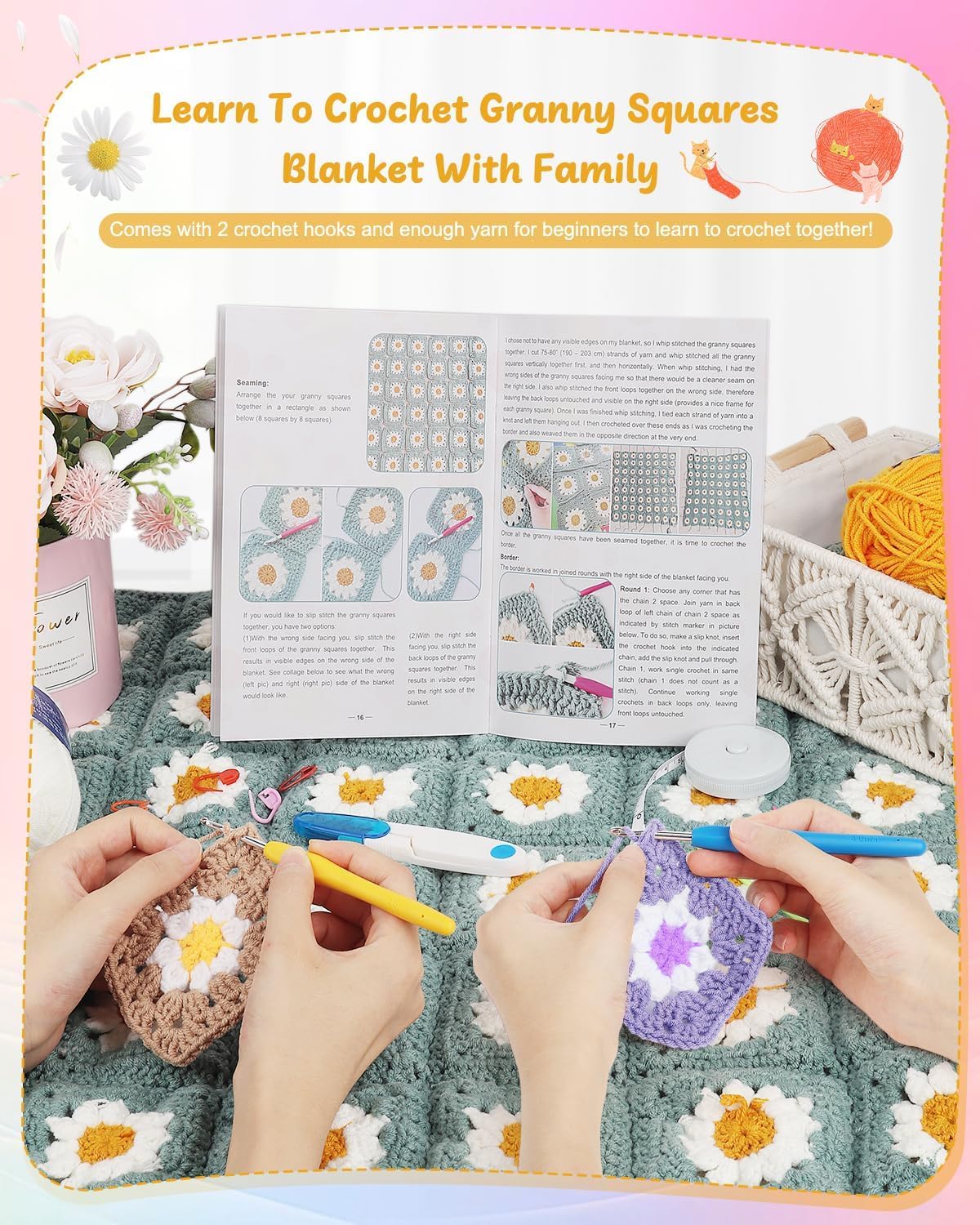 Crochet Starter Kit for Blanket, Granny Squares &#x26; Instructions, Easy Learn to Crochet