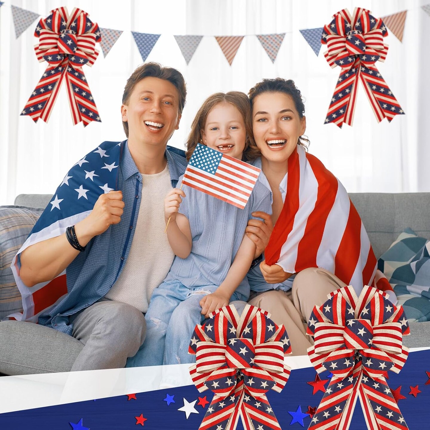 2 Pcs 4th of July Bows Red White Blue American Flag Patriotic Wreath Burlap Tree Topper for Indoor Outdoor Independence Day Memorial Day Party Decoration