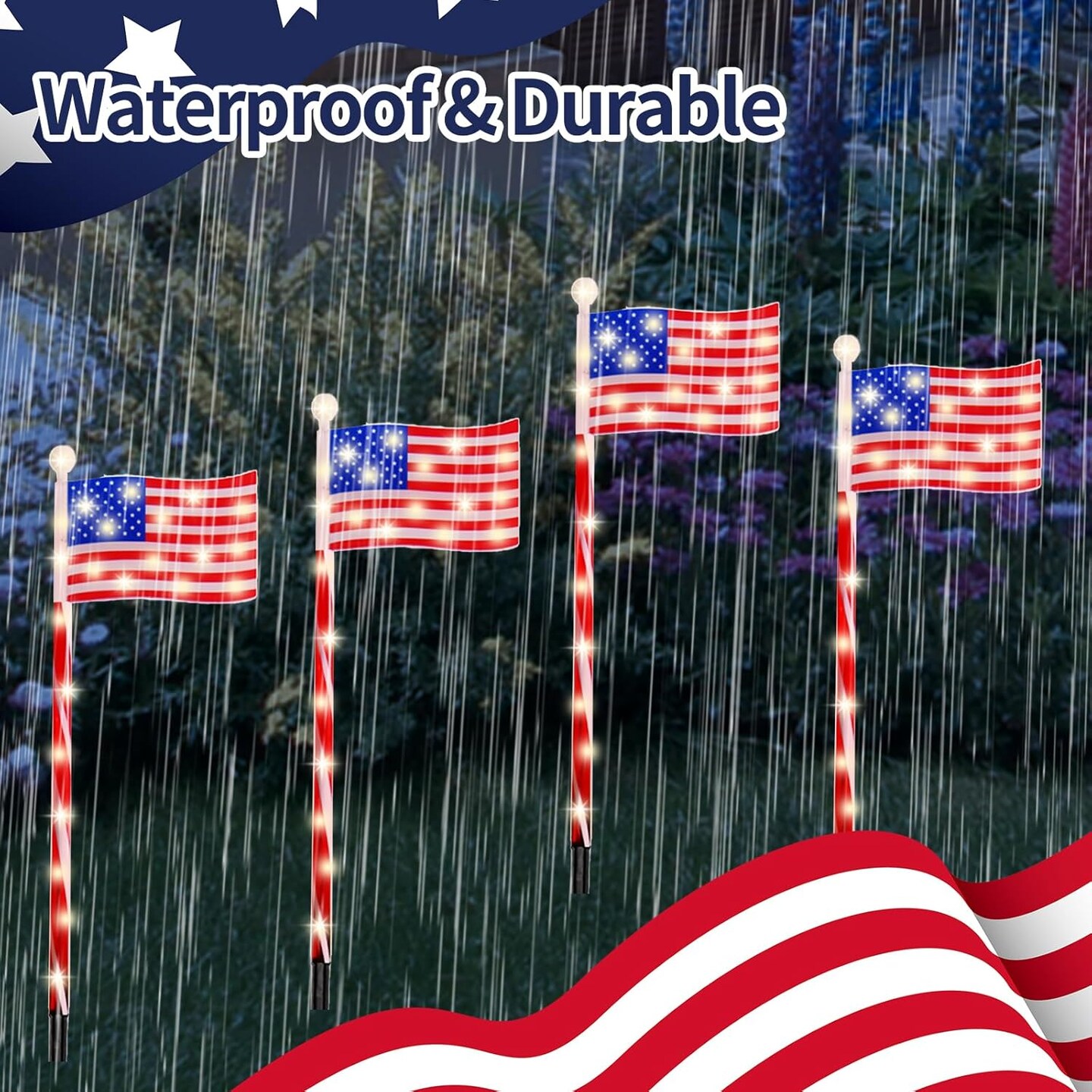 4 Pack Solar American Flag Lights - Outdoor 4th of July Yard Decorations, 1200mAh Garden Flag Lights, 27in Waterproof USA Flag Pathway Light,Independence Day & Memorial Day Lawn Decor