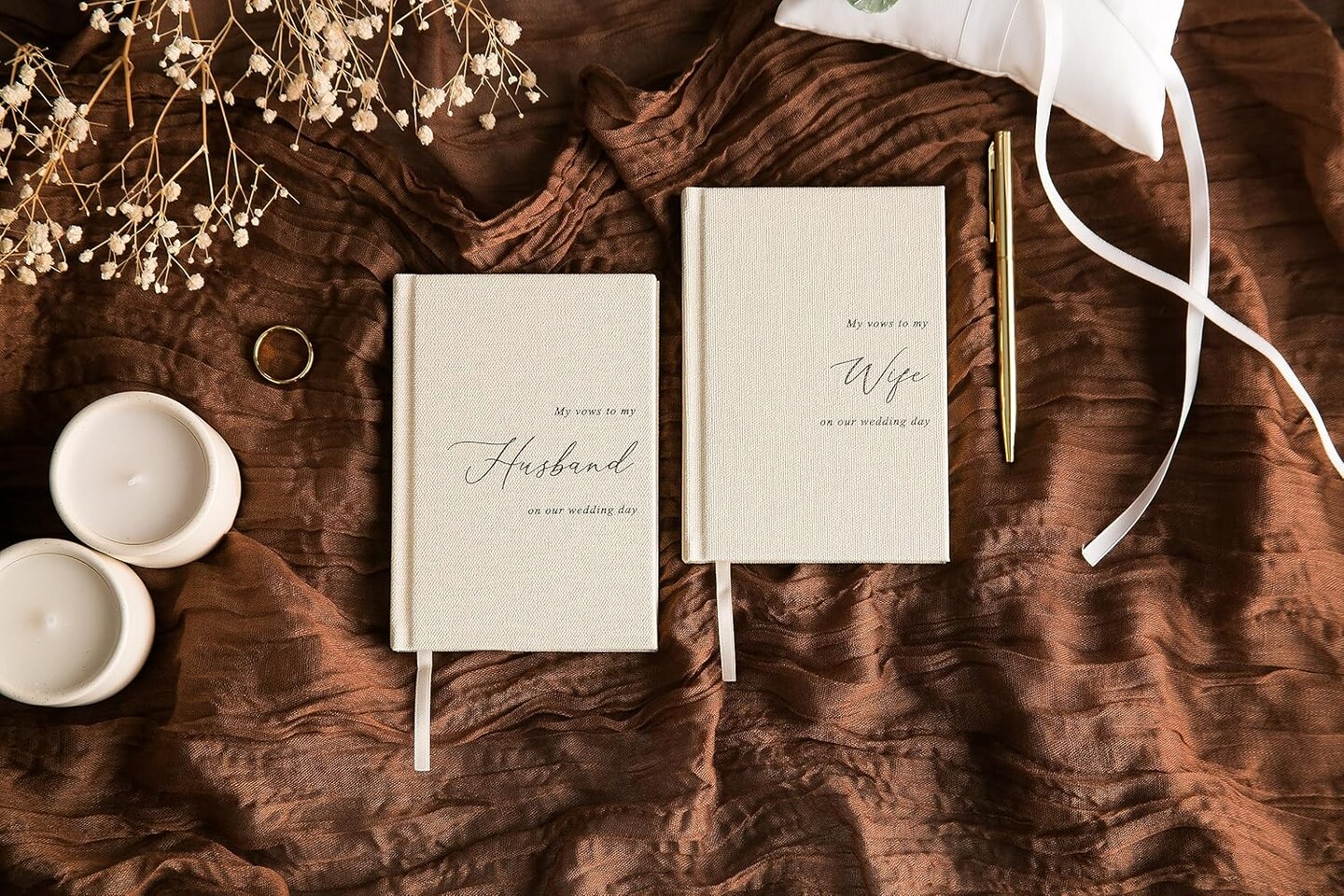Hard Cover Vow Books (Set of 2) - Cream Canvas Linen Foil Embossed Wedding Ceremony Vow Renewal Speech Books, Couple Gifts for Engagement (To My Husband/Wife)