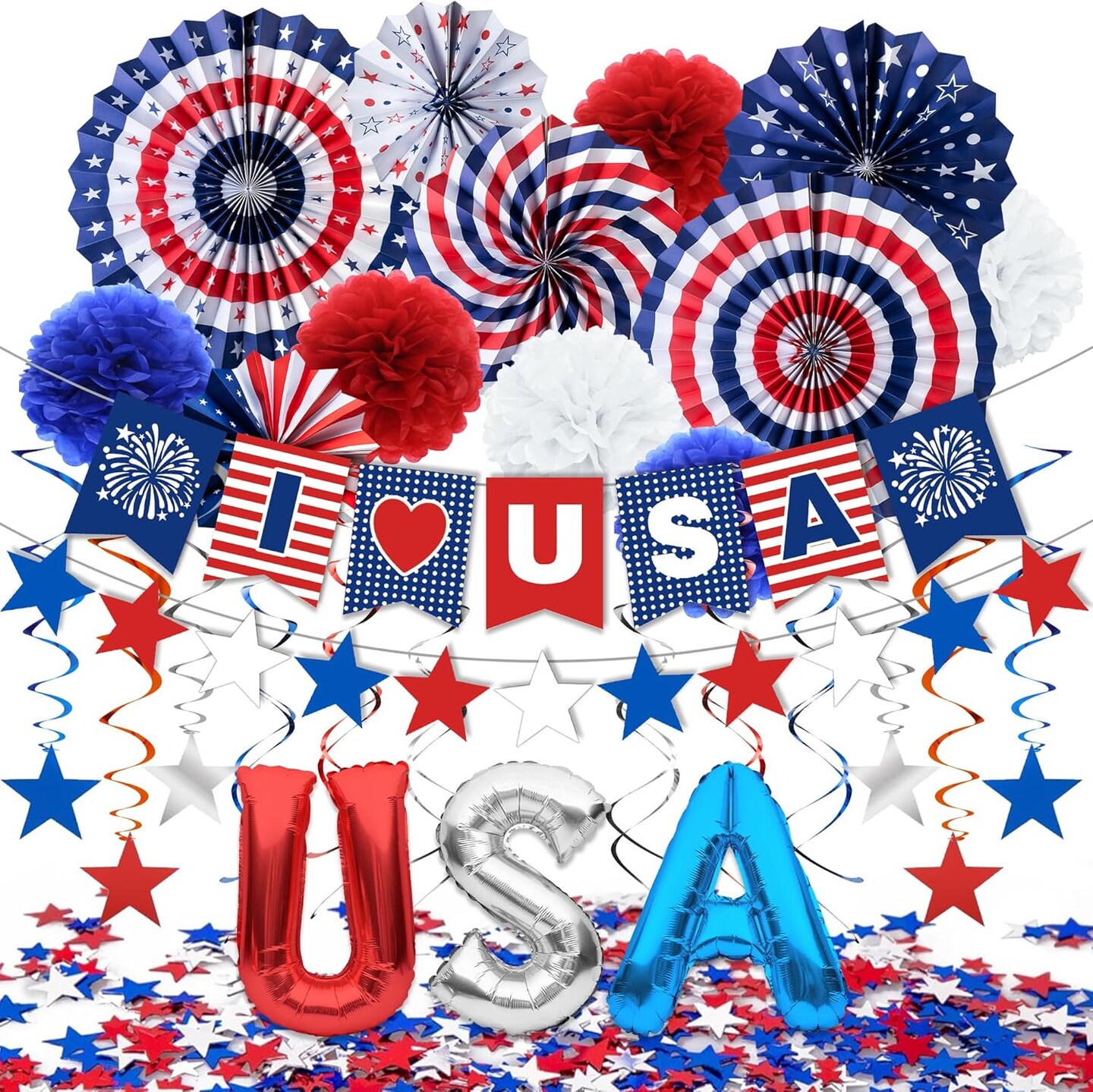 4th of July Decorations, 33PCS Memorial Day Decorations Set with Banner, USA Foil Balloons, Paper Fans, Star Streamer, Hanging Swirls, Pom Poms for Fourth of July Patriotic Red White and Blue