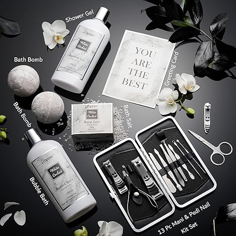 Spa Gifts for Women, Bath and Body Gift Set, White Orchid Self Care Gift Basket for Women Men Girlfriend Gifts for Mom, Spa Kit with Nail Kit, Bath Bombs & More Birthday Personalized Gifts
