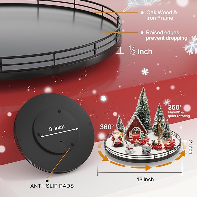 Christmas Village Sets, Winter Xmas Holiday 13” Lazy Susan with Light-up House Christmas Trees Santa Snowman Table Centerpieces Town Building Collection Décor