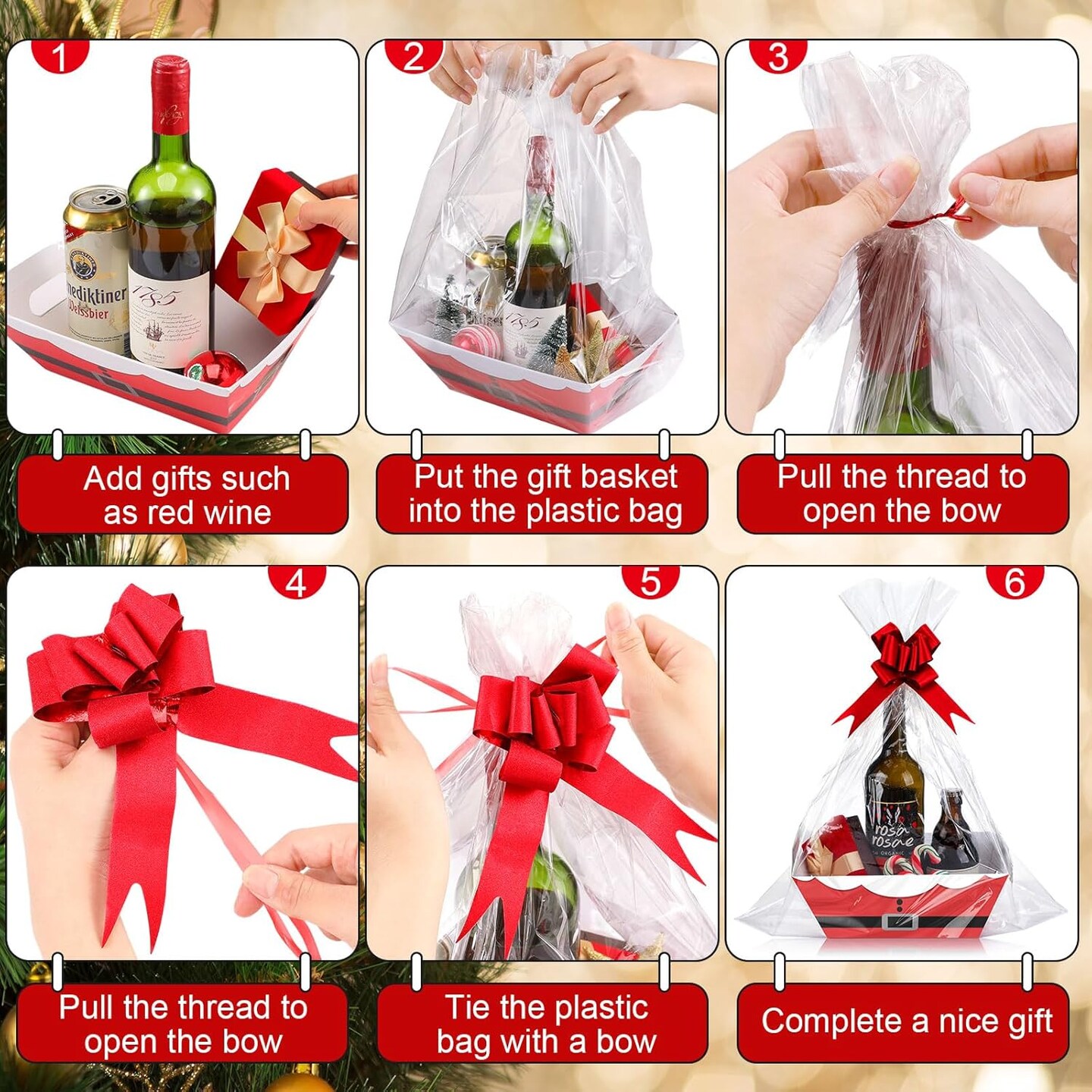 36 Pcs 12 Pack Christmas Baskets for Gifts Empty Santa Belt Cardboard Baskets Bags Kit Red Pull Bows Wine Basket for Xmas (Modern,12 x 10 Inch)