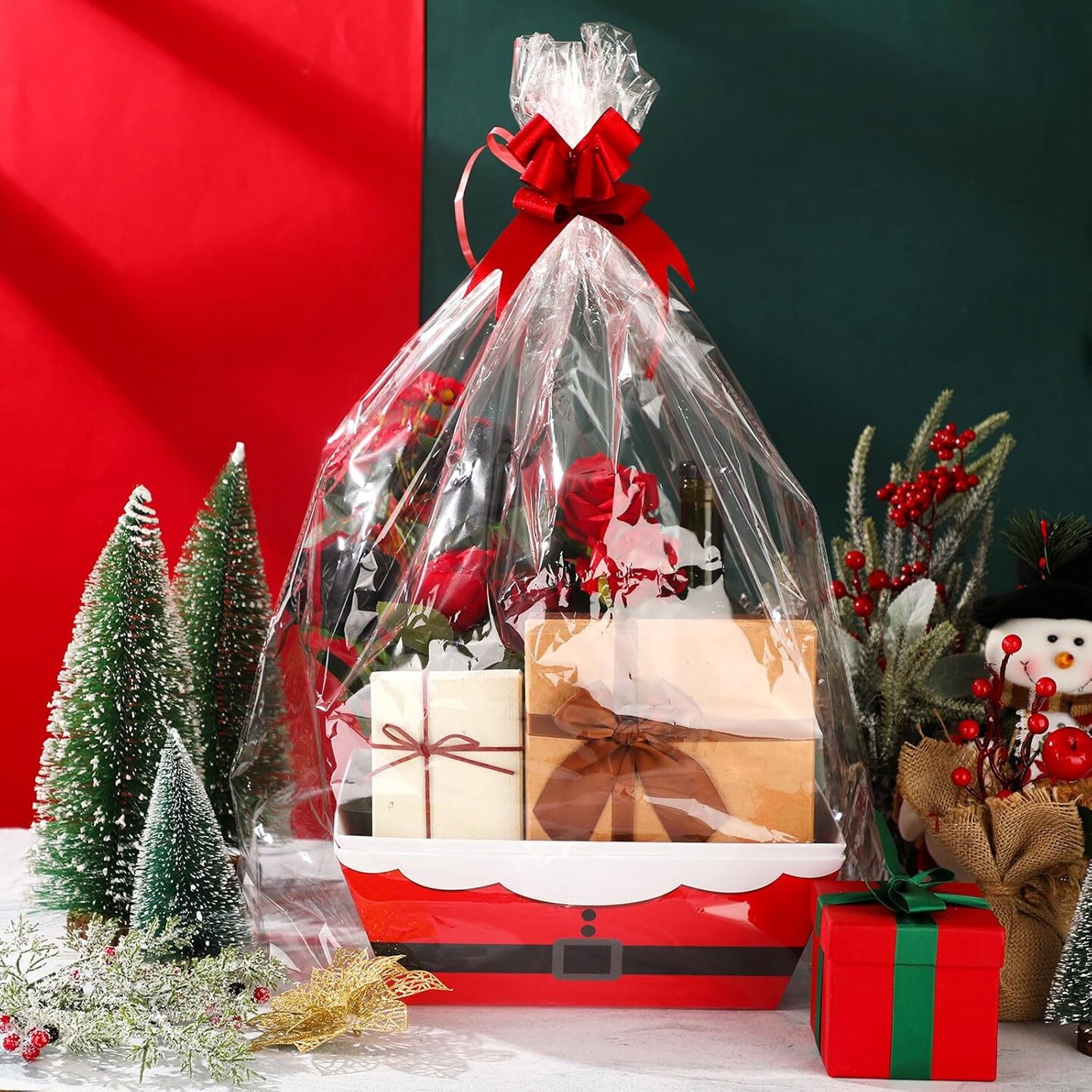 36 Pcs 12 Pack Christmas Baskets for Gifts Empty Santa Belt Cardboard Baskets Bags Kit Red Pull Bows Wine Basket for Xmas (Modern,12 x 10 Inch)