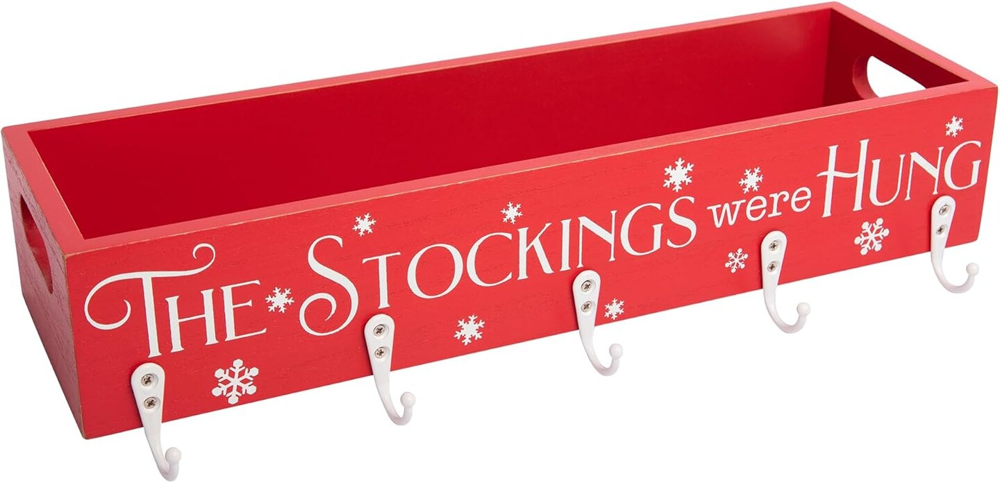 Christmas Stocking Holders, Wooden Box with 5 Hook Stockings Hangers Christmas Decoration for Fireplace Mantel Wood Organizer Storage