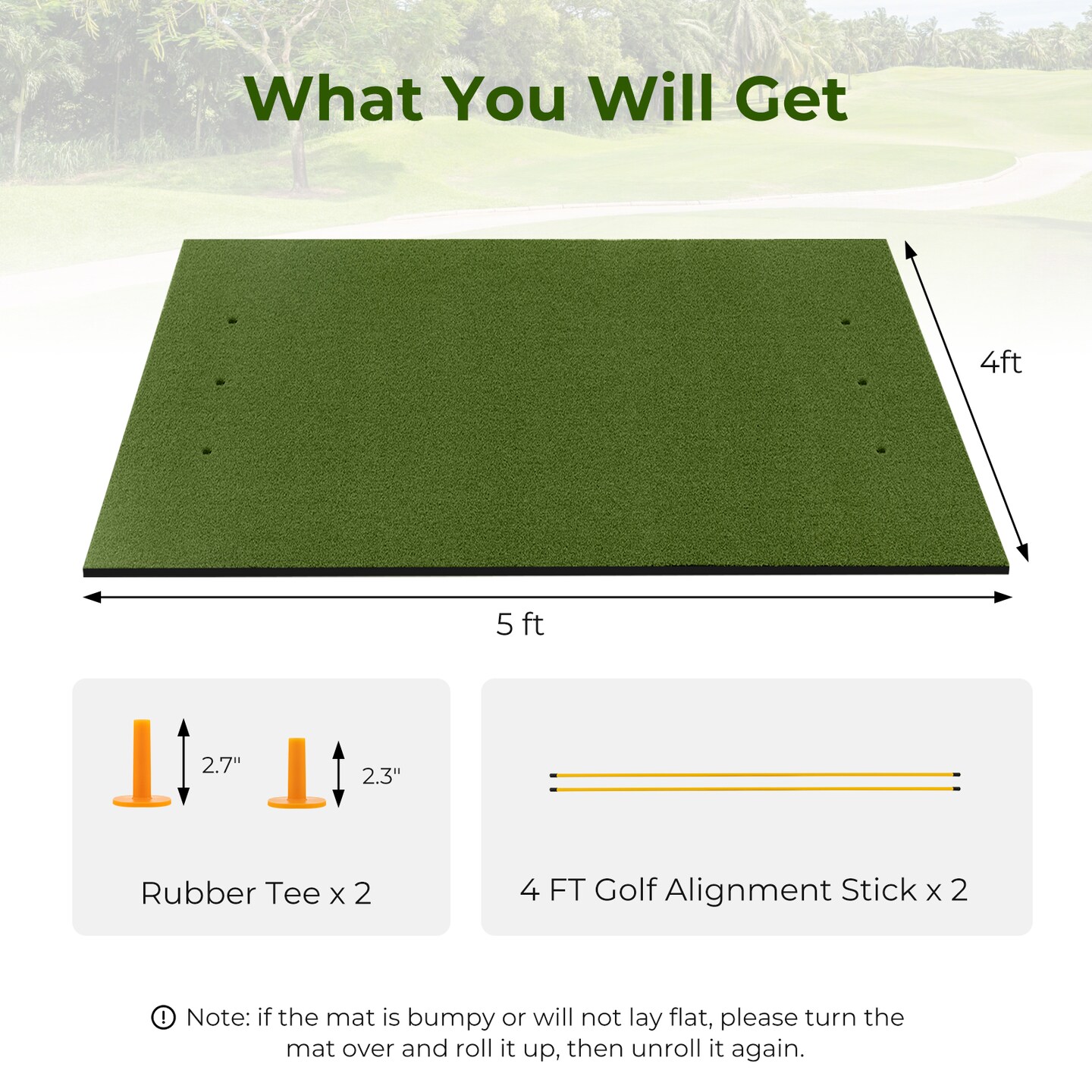 Artificial Turf Mat for Indoor and Outdoor Golf Practice Includes 2 Rubber Tees and 2 Alignment Sticks