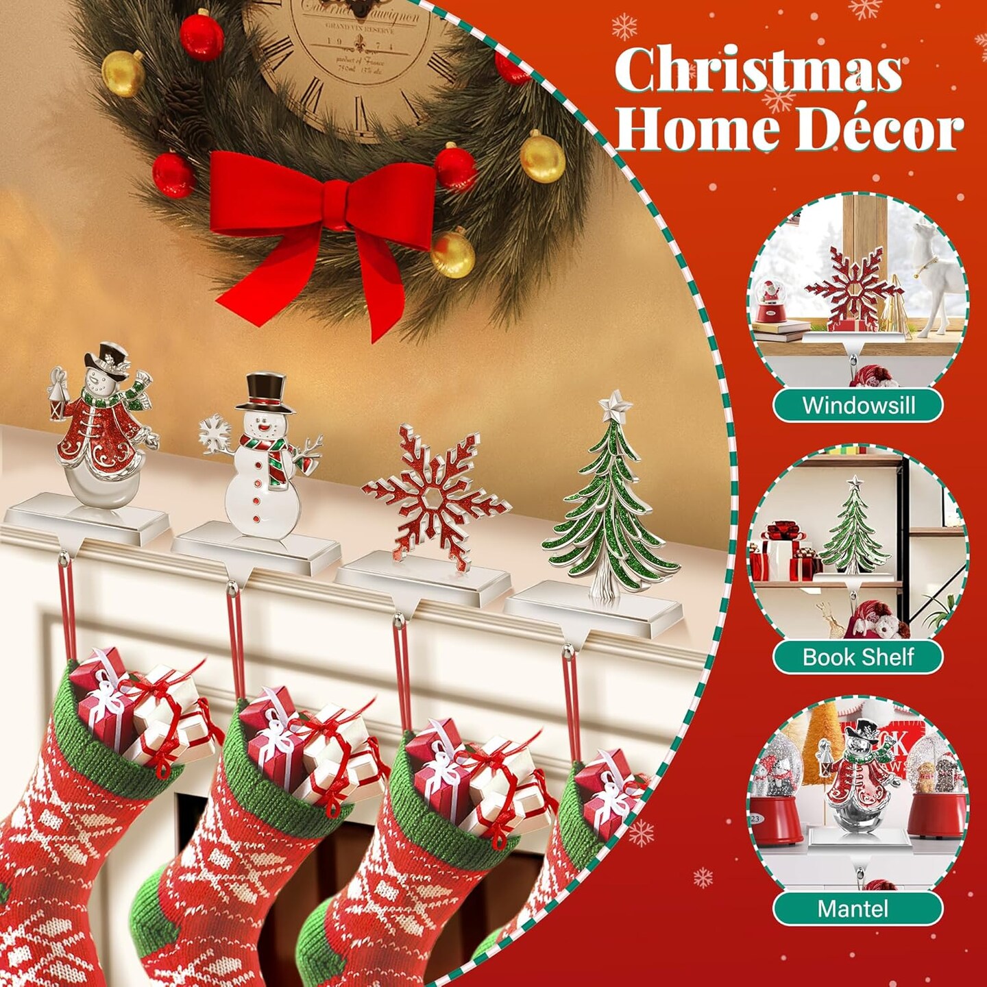 Set of 4 Christmas Stocking Holders for Mantle, Christmas Tree Weighted Stocking Holder, Snowflakes Stocking Hangers for Mantle,Christmas Stocking Holder for Fireplace Christmas Decorations