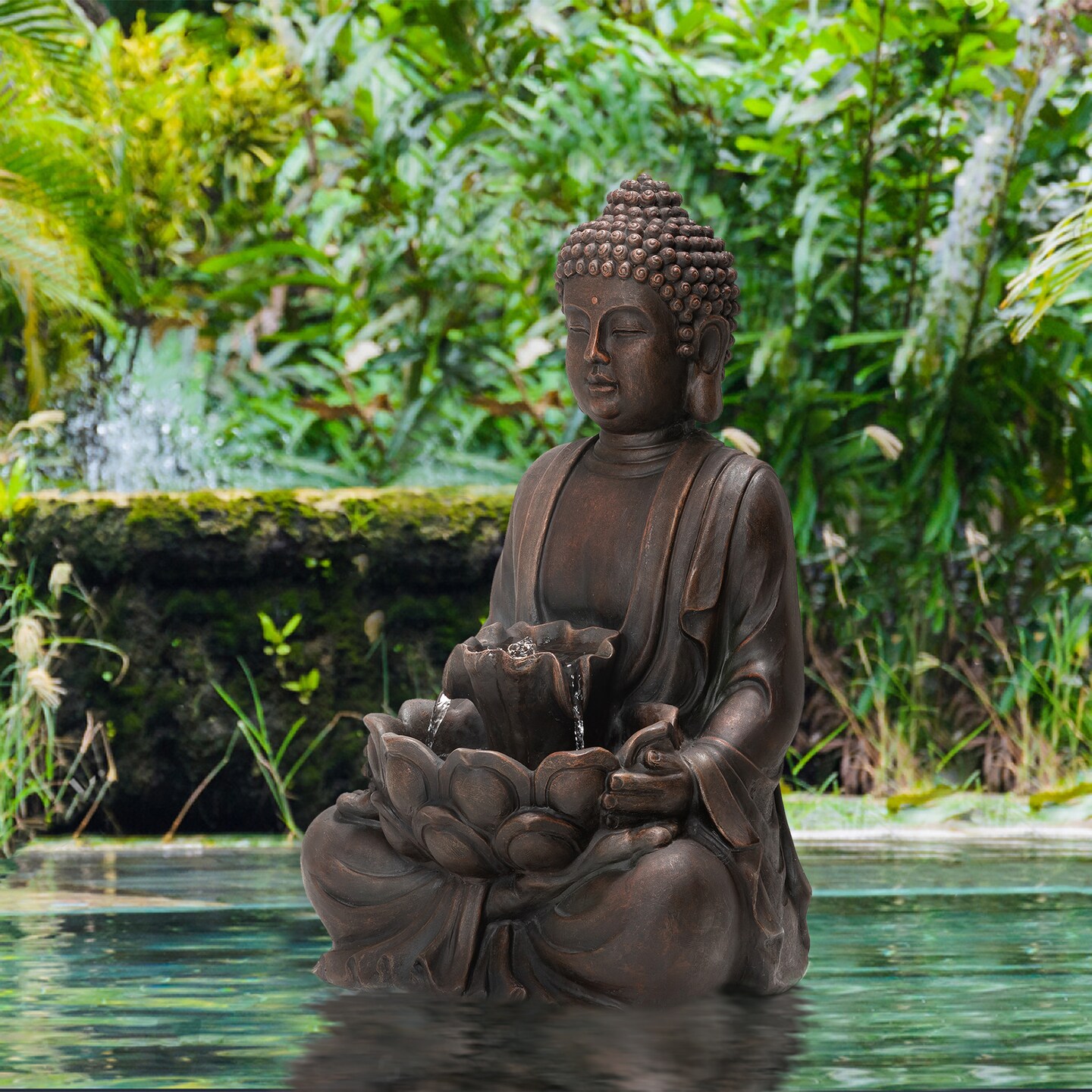 23.25&#x22;H Zen Style Meditating Buddha Statue Polyresin Outdoor Fountain with Pump and LED Light (KD)