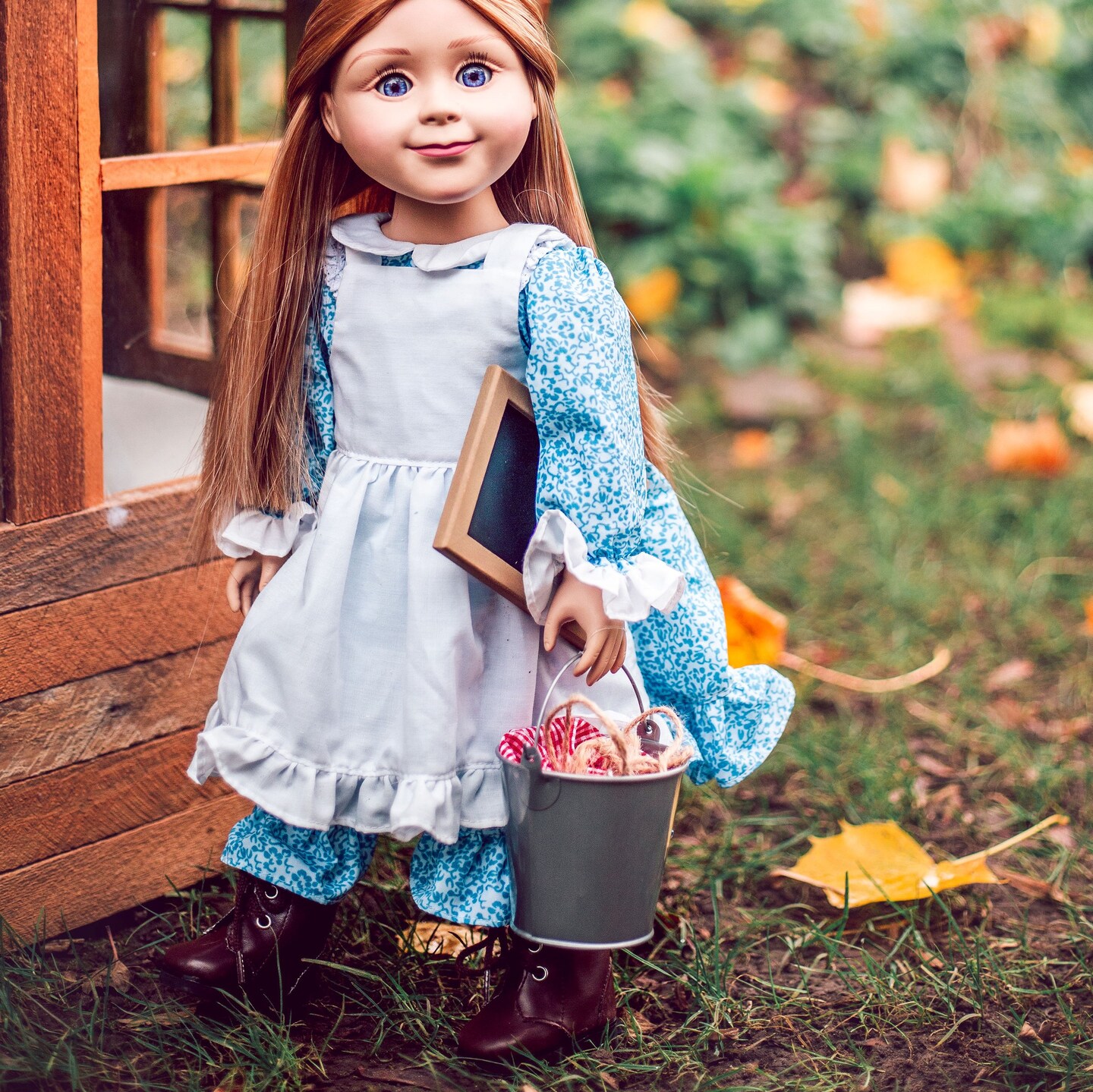 The Queen's Treasures Little House 18" Doll Blue Dress, Boots & School Lunch Set
