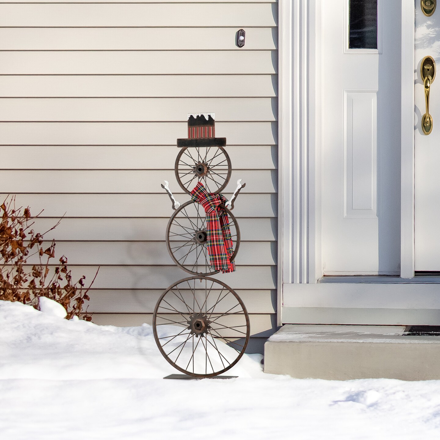 Set of 2 32'''H/34''H Christmas Metal Bike Wheel Snowman Porch Decor