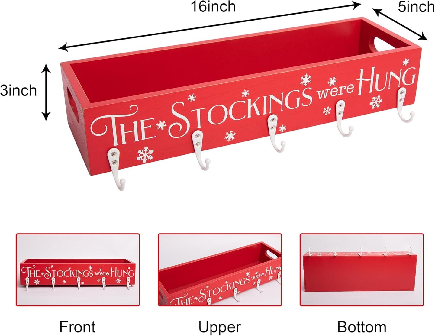 Christmas Stocking Holders, Wooden Box with 5 Hook Stockings Hangers Christmas Decoration for Fireplace Mantel Wood Organizer Storage