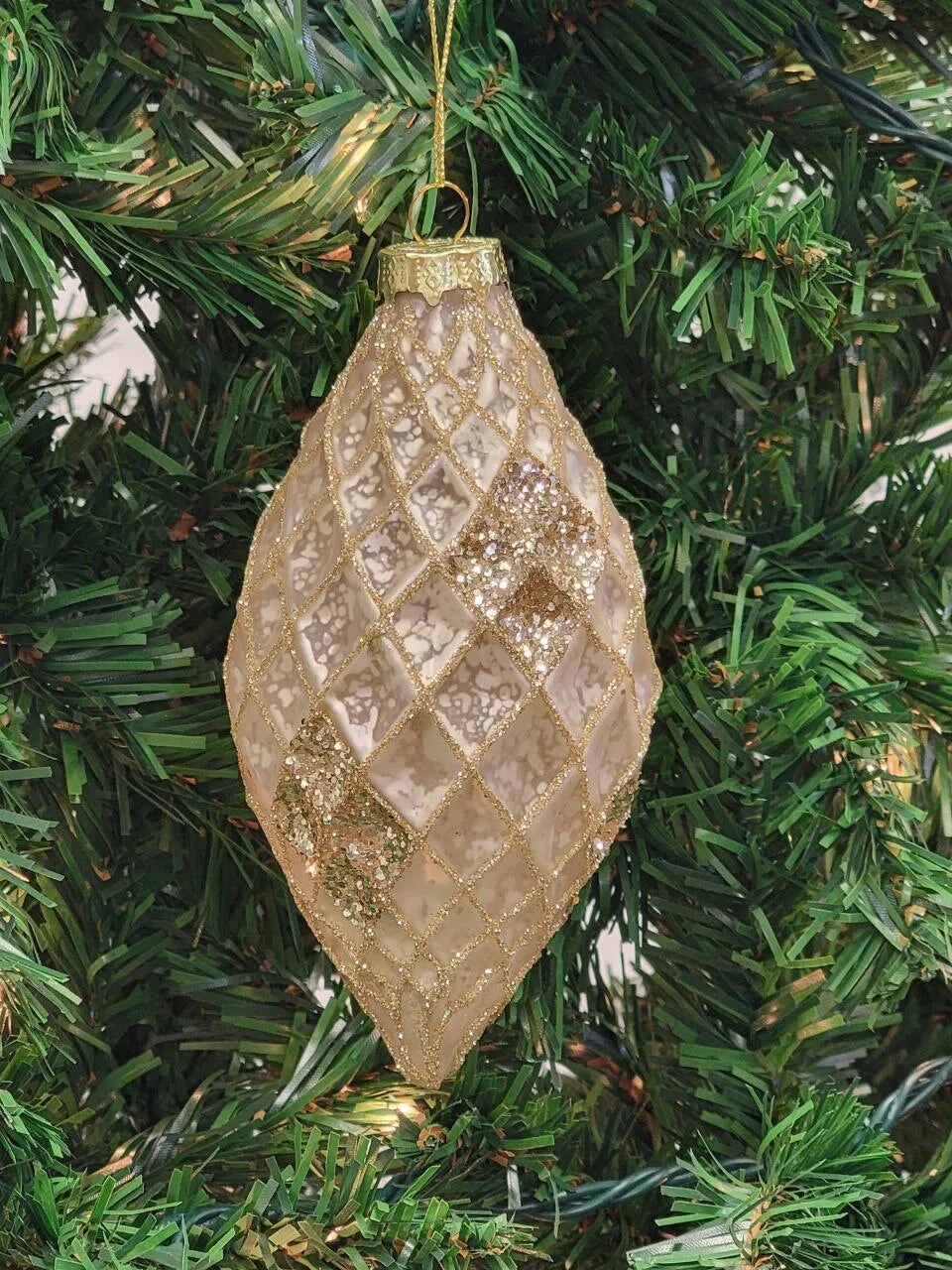 Gold Teardrop-Shaped Glass Christmas Ornament