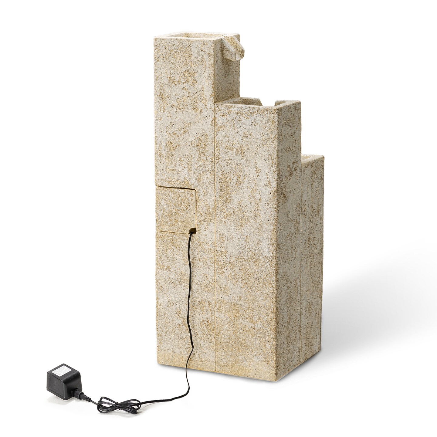 34.00&#x22;H Mid-Century Modern 4-Tier Faux Terrazzo Geometric Square Column Polyresin Outdoor Floor Fountain with Pump and LED Light