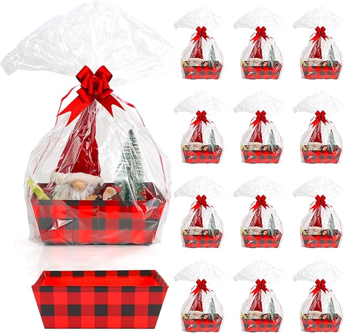 Basket Gift Set 8x10'' Gifts Baskets for Gifts Empty to Fill with Basket Empty, Basket Bags, Red Pull Bows for Christmas Holiday (Red and Black Plaid)