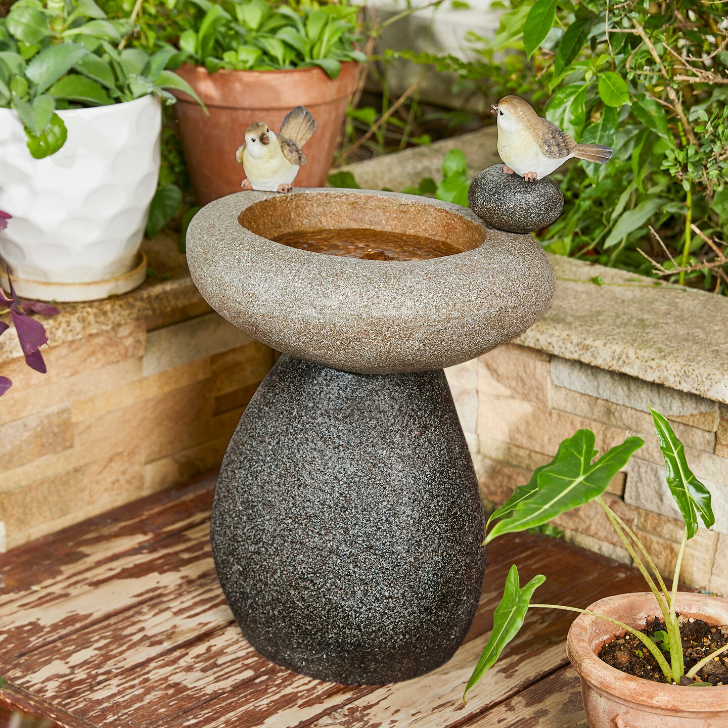 20.75&#x27;&#x27;H Zen-Style Faux Stone Texture Birdbath Polyresin Outdoor Fountain with Birds, Pump and LED Light (KD)