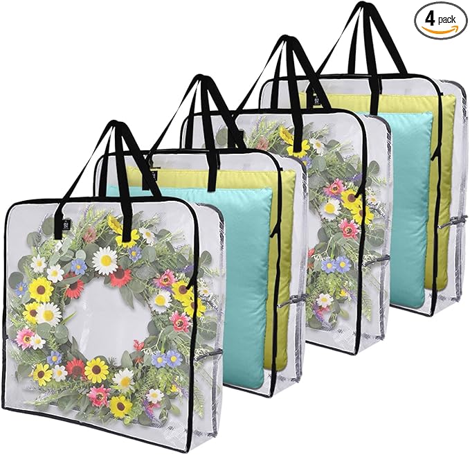 4 Pack Moving Bags, Wreath Storage Bag, Garland Container, Moving and Packing Supplies for College. Moving Boxes Alternative, Under the Bed Storage, Storage Bags for Comforter (Clear, 4 Pack)
