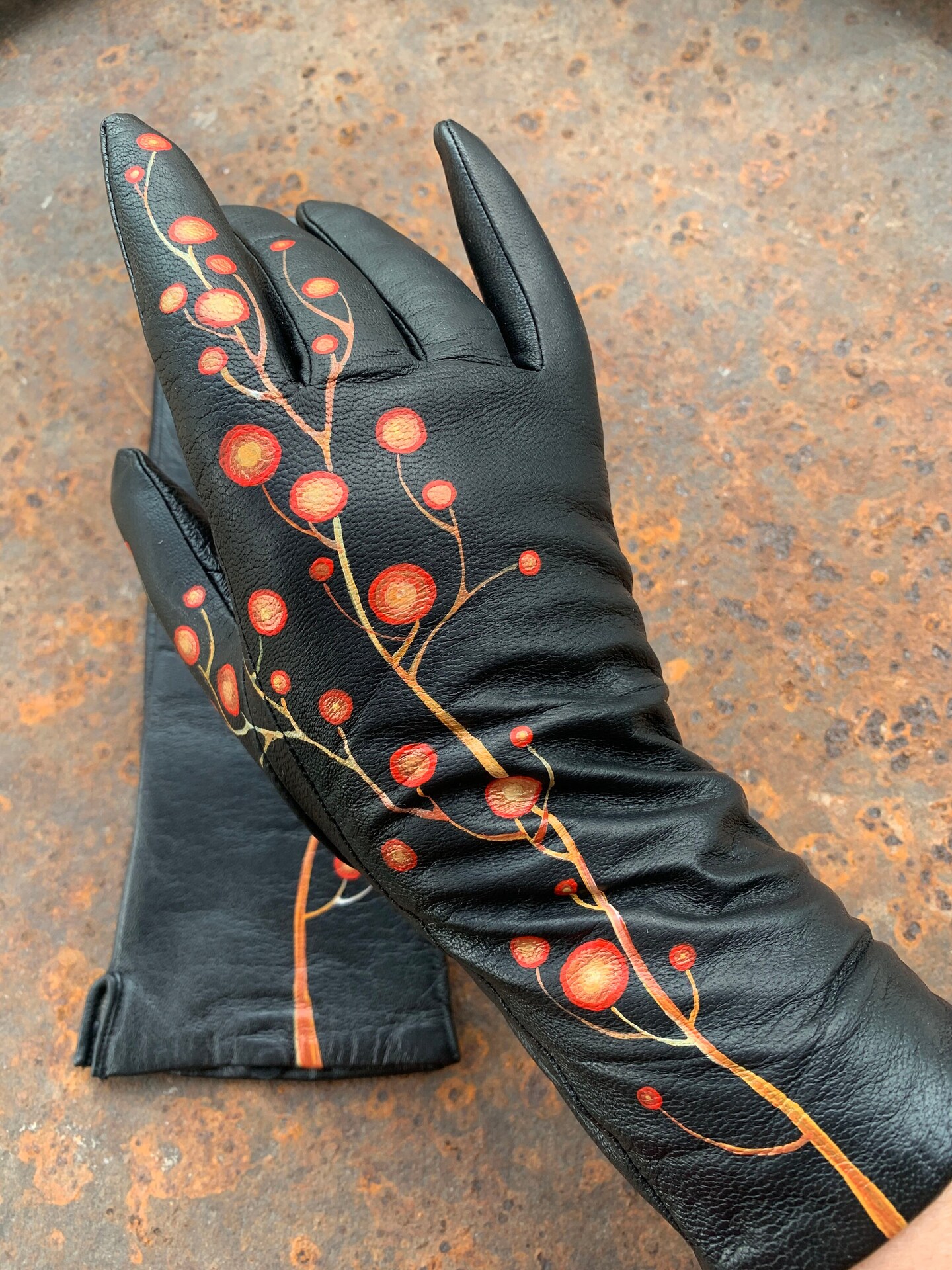 Vintage Handmade Embroidered Floral Leather Gloves outlet