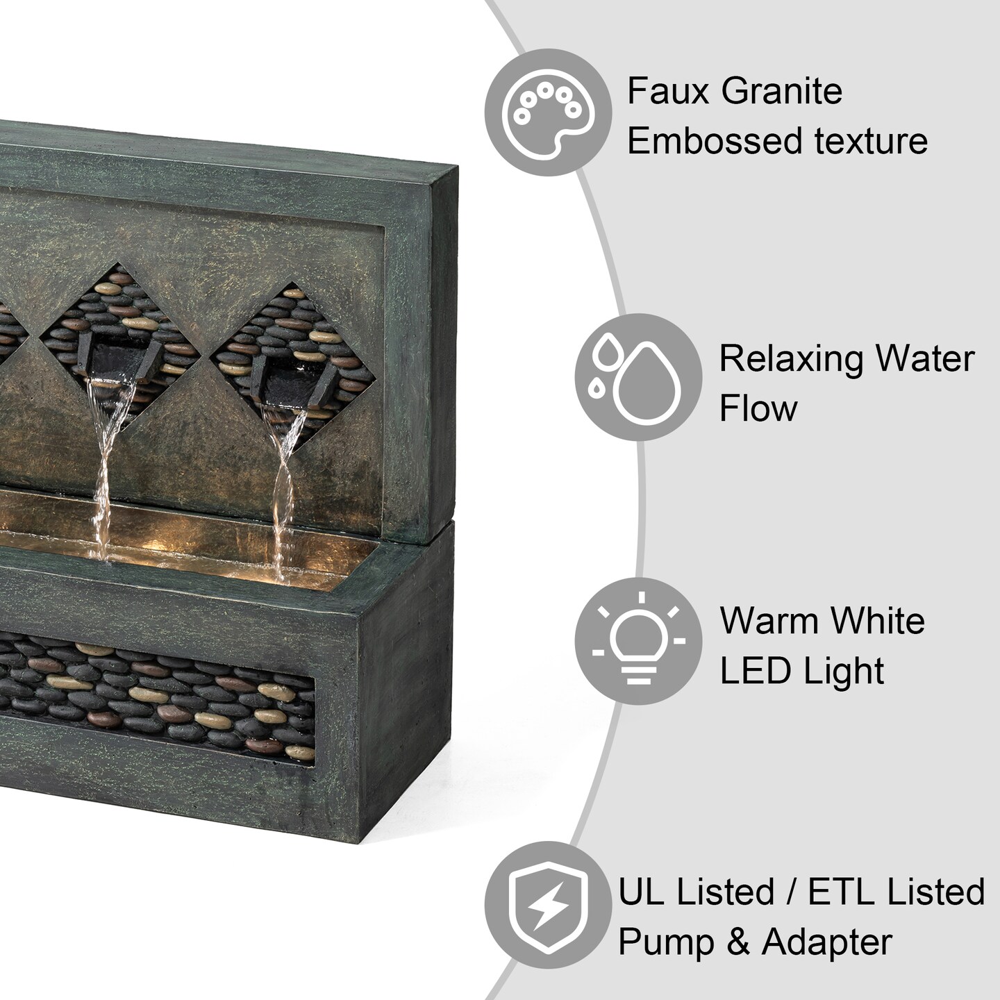 30&#x22;L Oversized Faux Concrete and Pebbles Polyresin Outdoor Fountain with Pump and LED Light (KD)