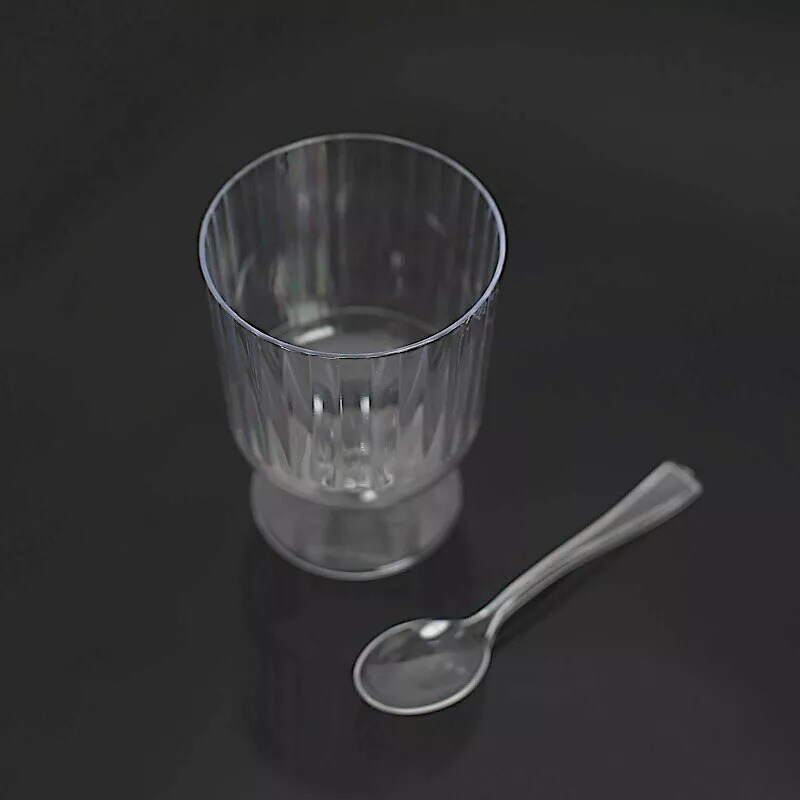 24 Clear 5 oz Ribbed Round Plastic Dessert Cups Spoons Set Party Events Supplies