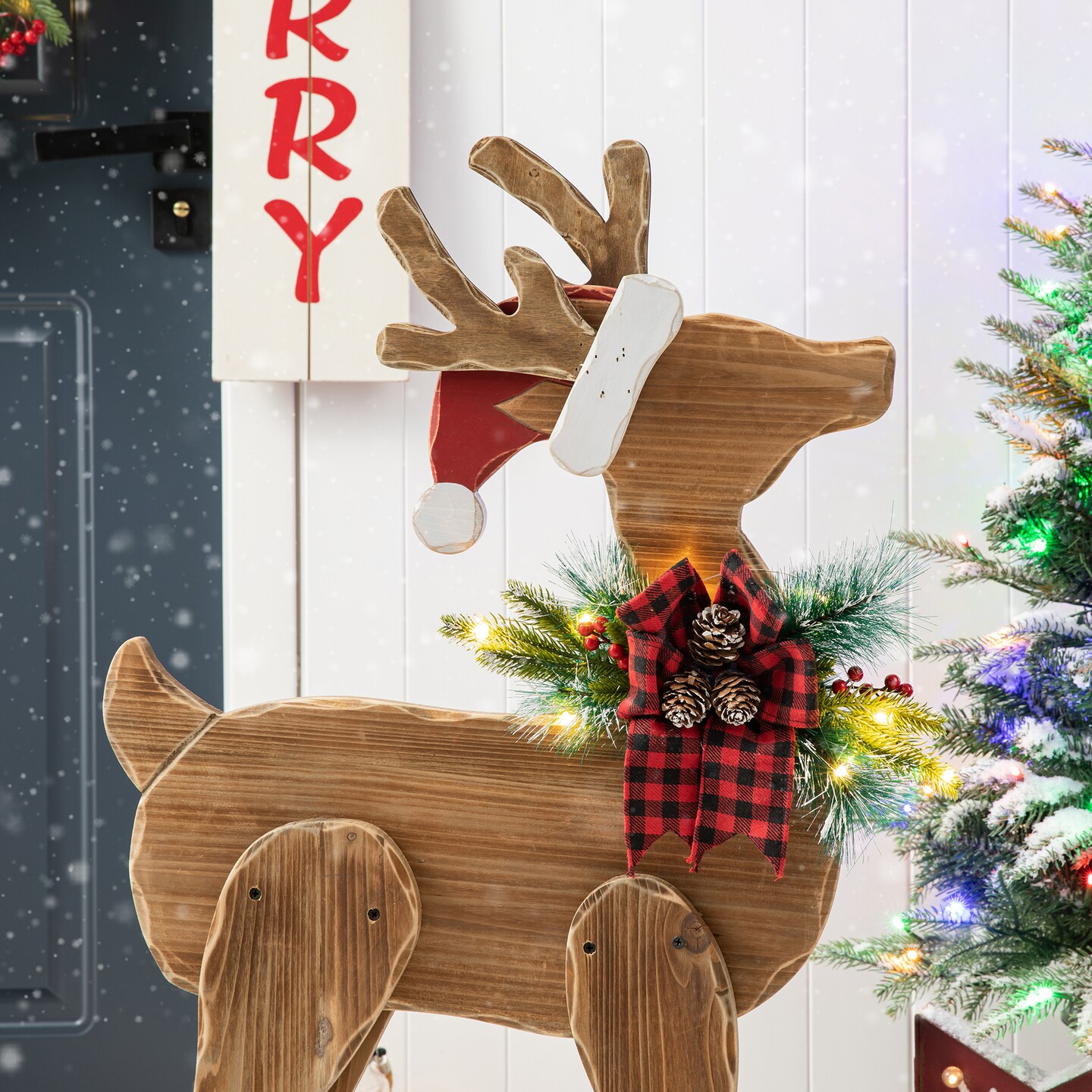36&#x22;H Chunky Wood Reindeer Porch Decor with Timer (KD)