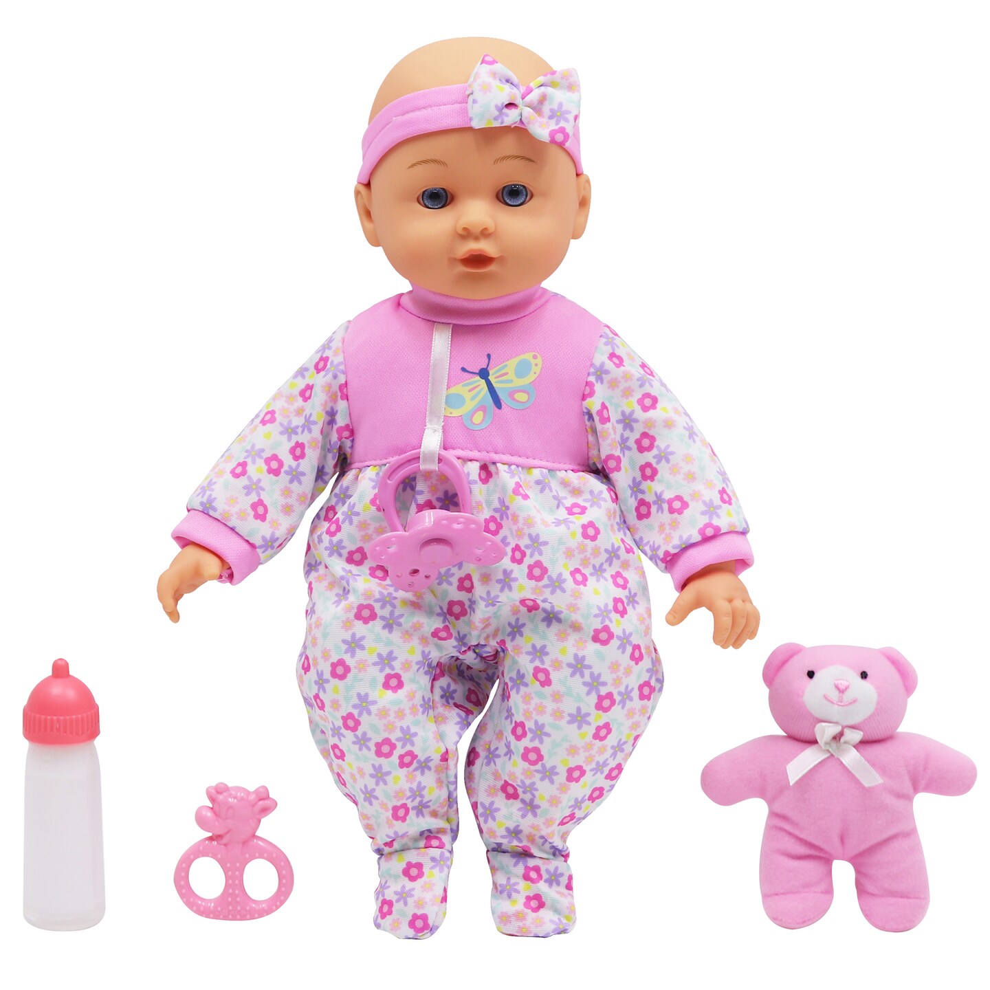 Dream Collection: Soft Baby Doll Maggie - Pink &#x26; White, 14&#x22; Lifelike Baby Doll, 2 pc Feeding Accessories, Rattle, Pacifier, Pretend Play, Kids Ages 2+
