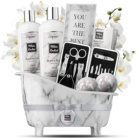 Spa Gifts for Women, Bath and Body Gift Set, White Orchid Self Care Gift Basket for Women Men Girlfriend Gifts for Mom, Spa Kit with Nail Kit, Bath Bombs & More Birthday Personalized Gifts