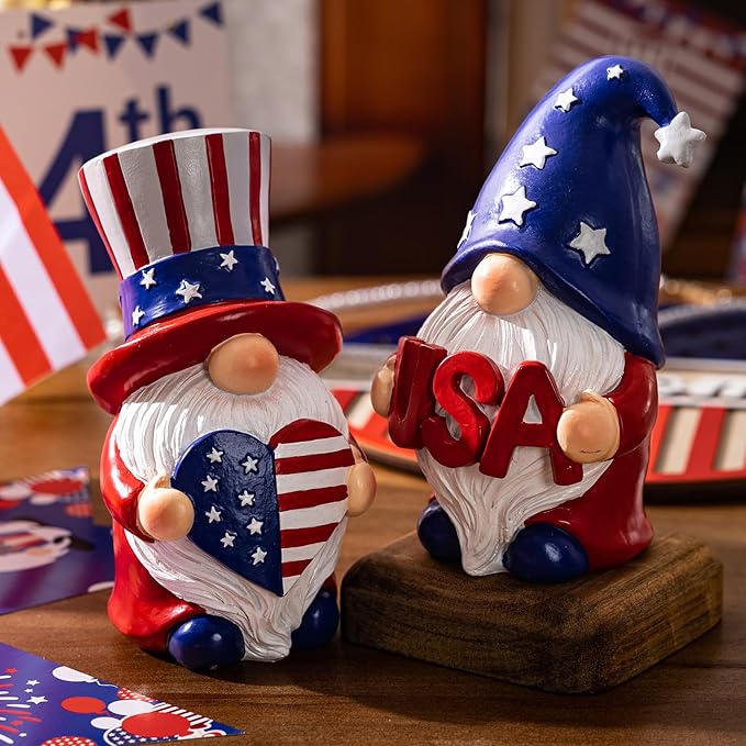 2-Piece Patriotic Garden Gnomes Set - 4th of July Outdoor & Indoor Decor - Red, White, and Blue Resin Gnomes for Memorial Day and Independence Day - Americana Figurine Gifts for Women, Mom, and Grandma