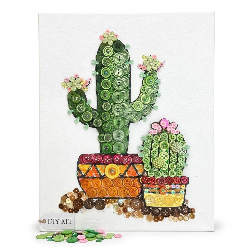 DIY Cactus Button Art Kit, 8x10 Canvas Craft Kit, Easy DIY Home Decor Kit, Craft Kit for Adults, Gift Idea