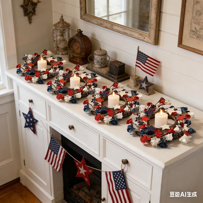 6pc Mini Patriotic Candle Ring Wreaths - 4th of July Red, White & Blue Decor