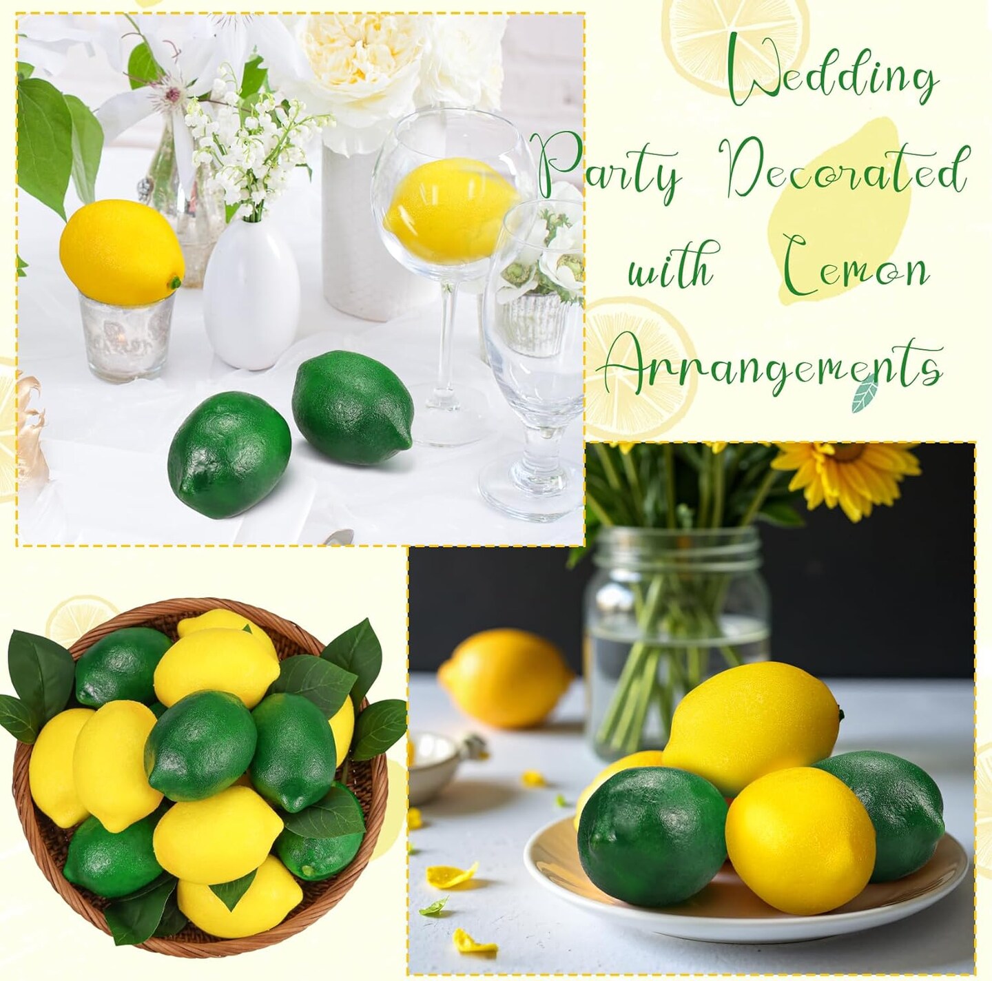24PCS Faux Lemons & Limes with Leaves – 12 Lemons, 12 Limes, Realistic Artificial Fruit Decorations for Kitchen, Summer Party, and Table Centerpieces