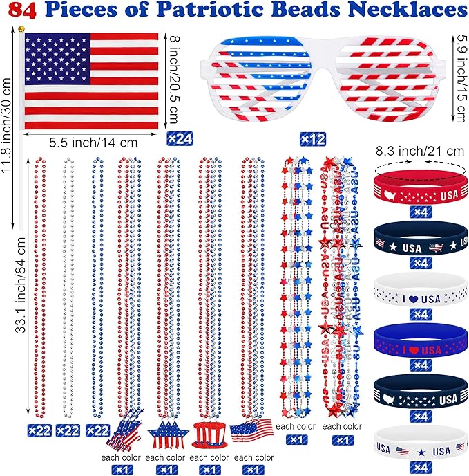 144pc Patriotic Party Favor Set - 4th of July Beads, USA Flags, Bracelets & Sunglasses