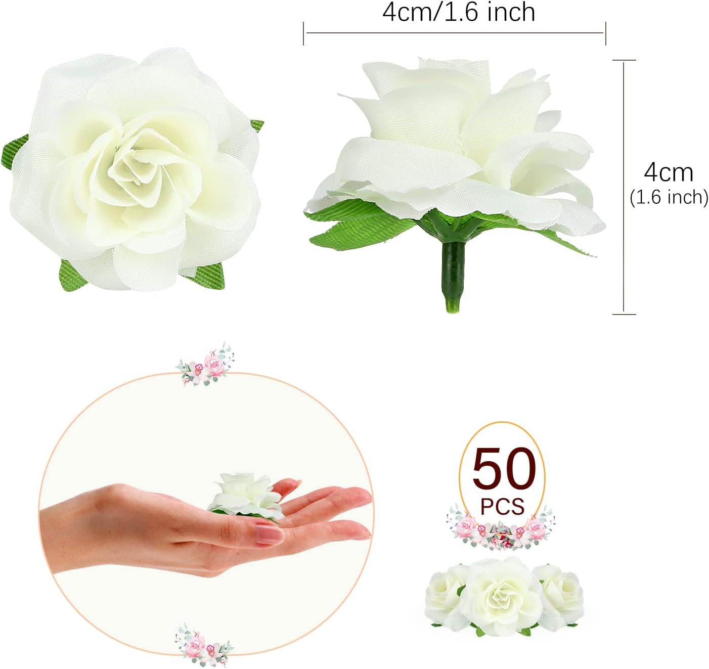 Kesote 50pcs Mini Ivory White Artificial Roses – 1.6" Silk Flower Heads for DIY Crafts, Wedding Centerpieces, Bridal Showers, Party & Home Decor
