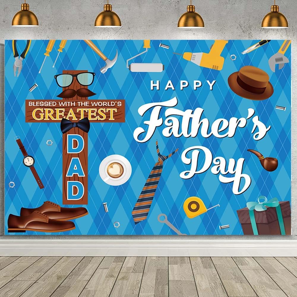 7x5ft Happy Father’s Day Christian Backdrop – “Blessed with the World’s Greatest Dad” Bible Cross Blue Photography Background Banner for Father’s Day Party, Photo Booth & Indoor Outdoor Decor