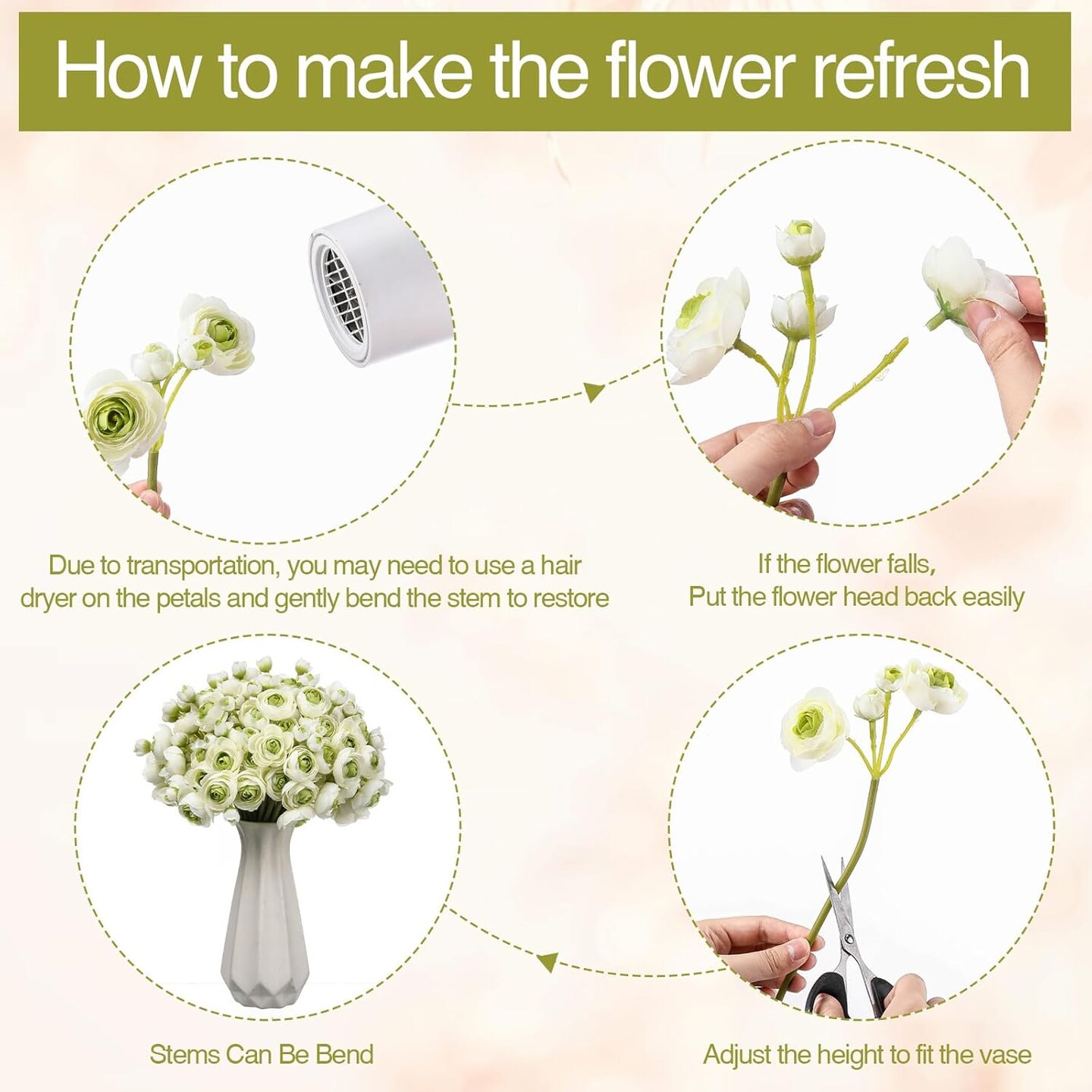 48-Piece White & Green Artificial Ranunculus Flowers – Realistic Silk Faux Peonies for DIY Bouquets, Wedding Centerpieces, Bridal Shower Decorations & Home Decor