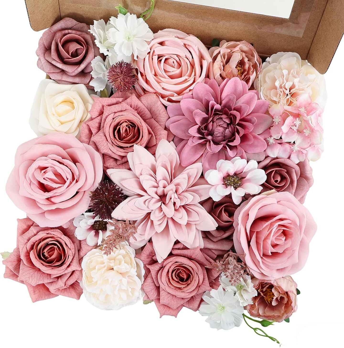 Dusty Pink Artificial Flower Combo Set – Faux Silk Roses, Peonies, Dahlias & Hydrangeas for Wedding Bouquets, Bridal Shower Centerpieces, Party Decorations & DIY Floral Arrangements