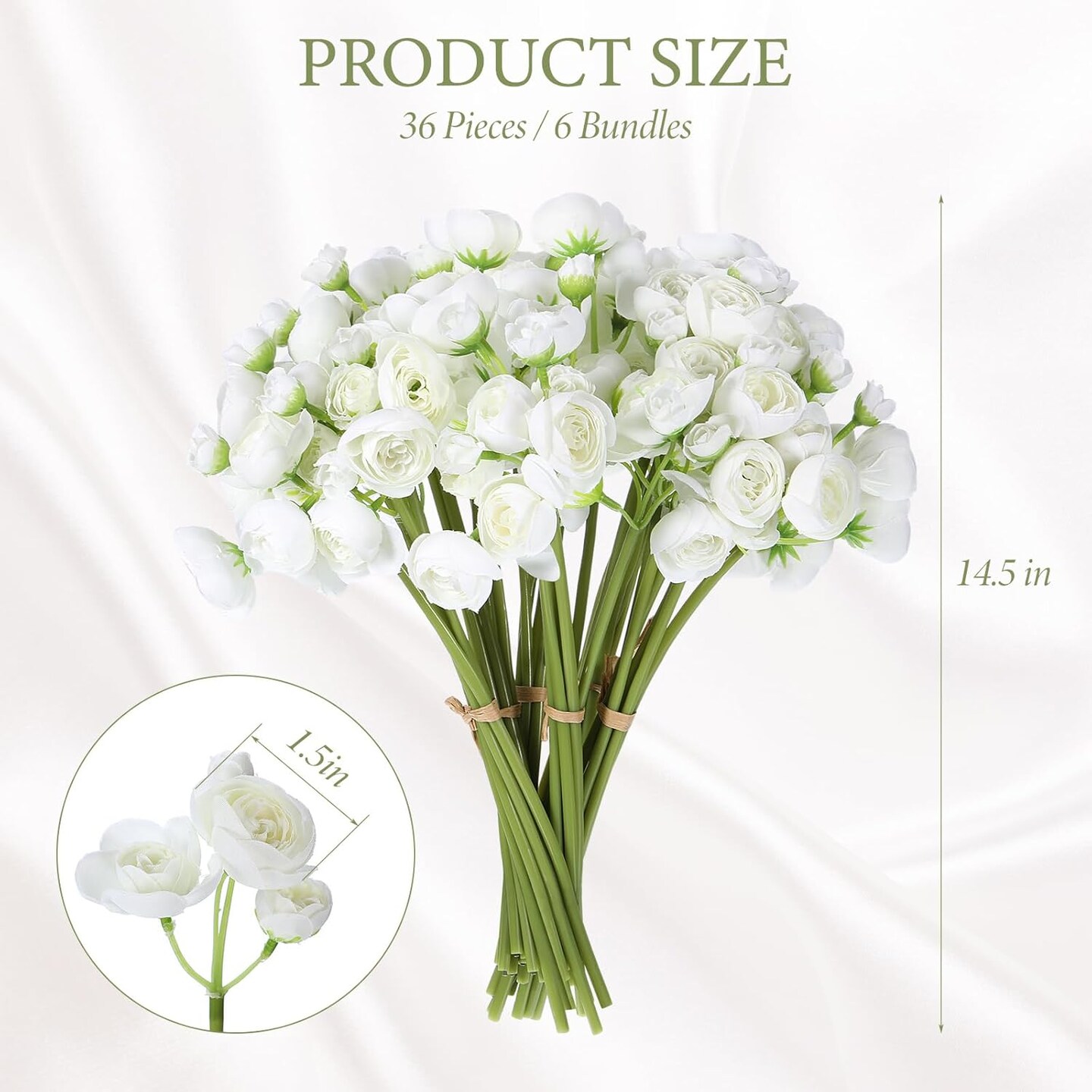 36-Piece Ivory White Artificial Ranunculus Flowers – Faux Silk Mini Peonies with Long Stems for DIY Wedding Bouquets, Centerpieces & Home Decor