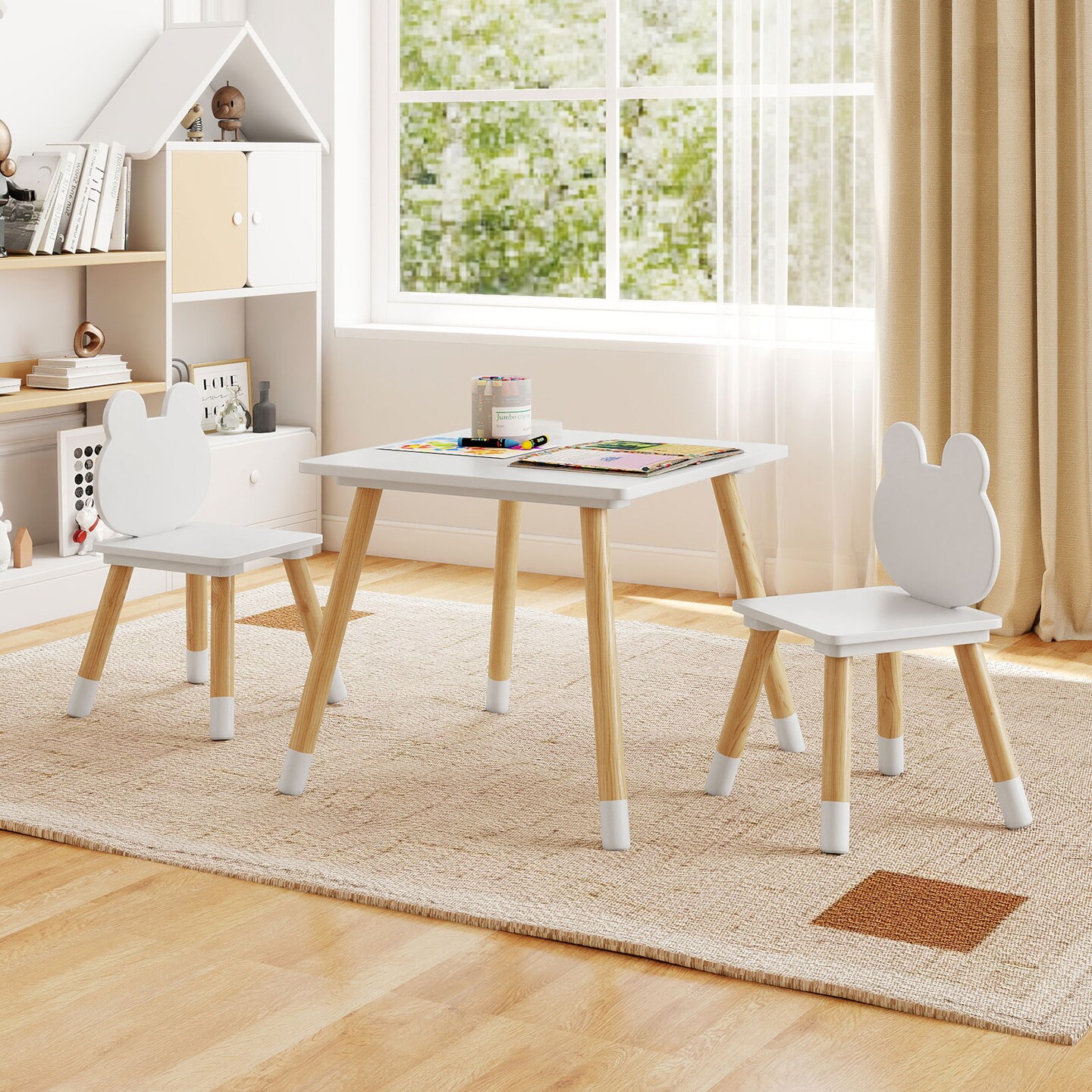 Kids Table and Chair Set White and Natural MDF Pine Wood Toddler Activity Desk with 2 Chairs