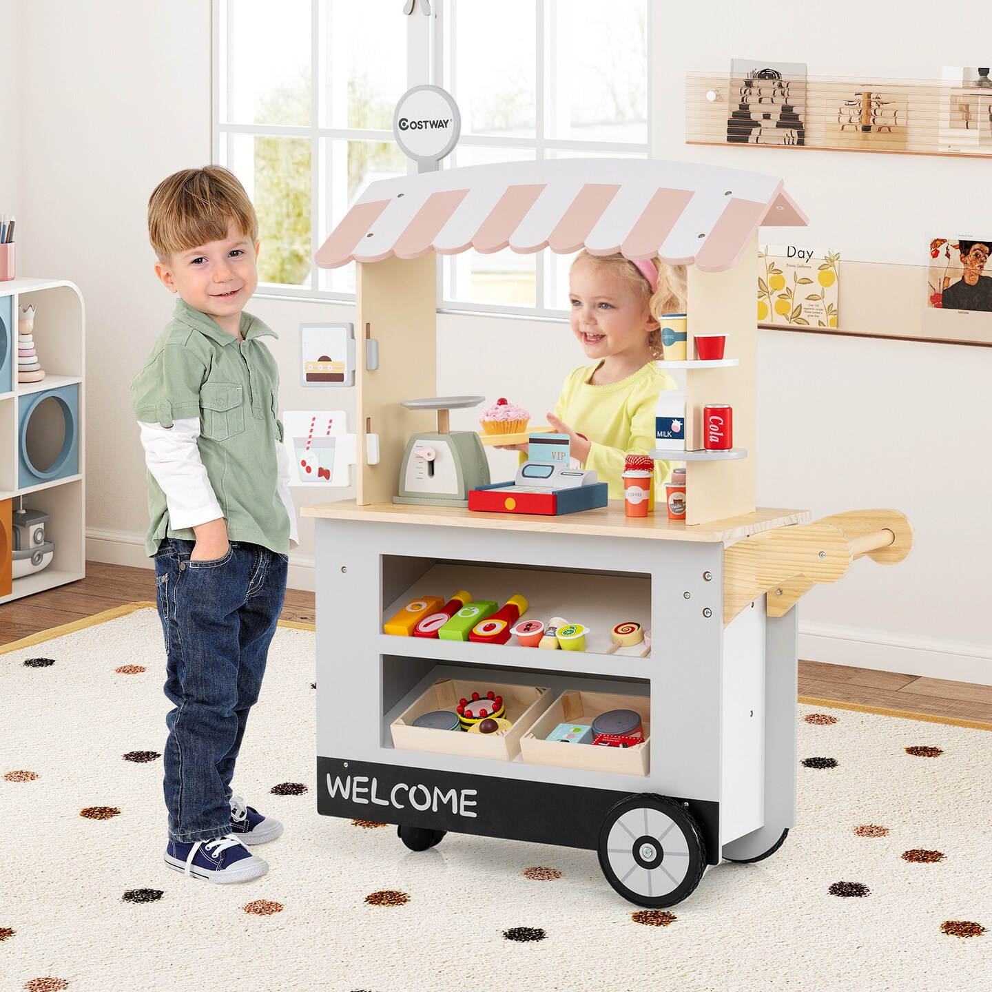 Kids’ Pretend Play Food Cart with 30 Accessories Wooden Ice Cream & Snack Shop Toy with Wheels