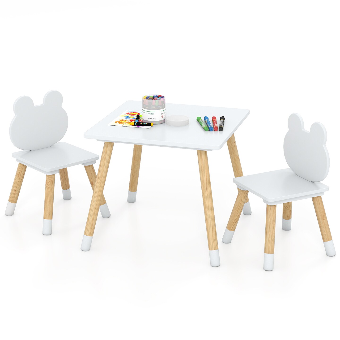 Kids Table and Chair Set White and Natural MDF Pine Wood Toddler Activity Desk with 2 Chairs