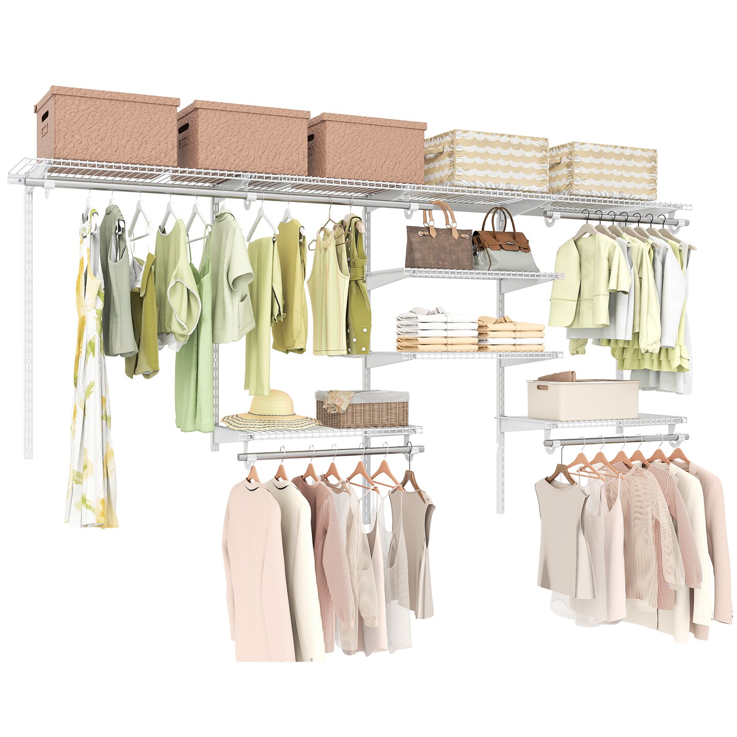 White Metal Adjustable Closet Organizer System with Shelves and Hanging Rods