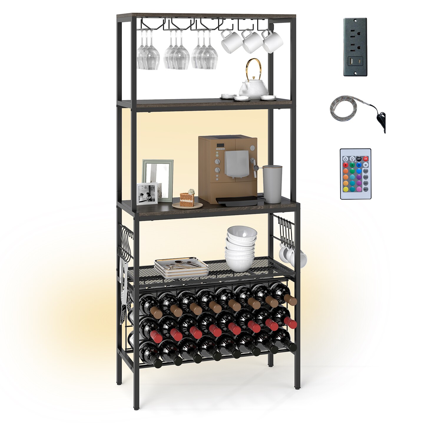 Wine Bar Rack with RGB LED Lights Built-in Power Strip and 3 Tier Storage Shelves for Kitchen or Dining Room