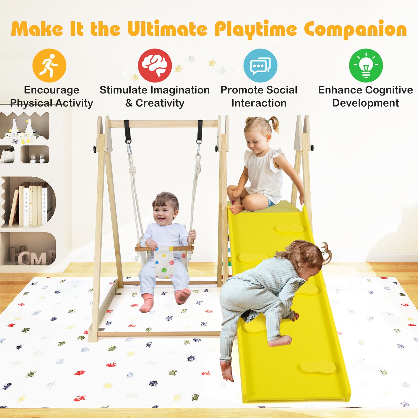 Indoor Wooden Jungle Gym 4 in 1 Montessori Climber with Kids Swing Climbing
